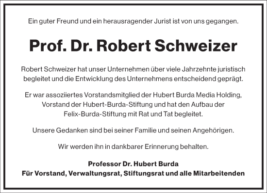 Traueranzeige von Robert Schweizer von Frankfurter Allgemeine Zeitung