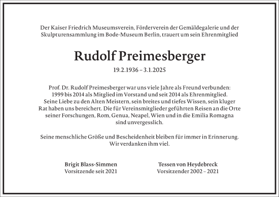 Traueranzeige von Rudolf Preimesberger von Frankfurter Allgemeine Zeitung