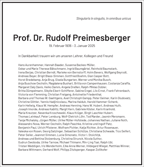 Traueranzeige von Rudolf Preimesberger von Frankfurter Allgemeine Zeitung