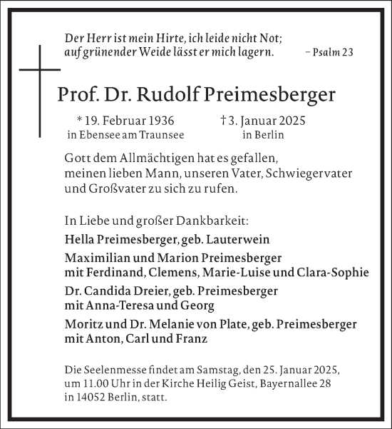 Traueranzeige von Rudolf Preimesberger von Frankfurter Allgemeine Zeitung