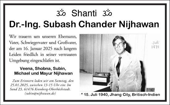 Traueranzeige von Subash Chander Nijhawan von Frankfurter Allgemeine Zeitung