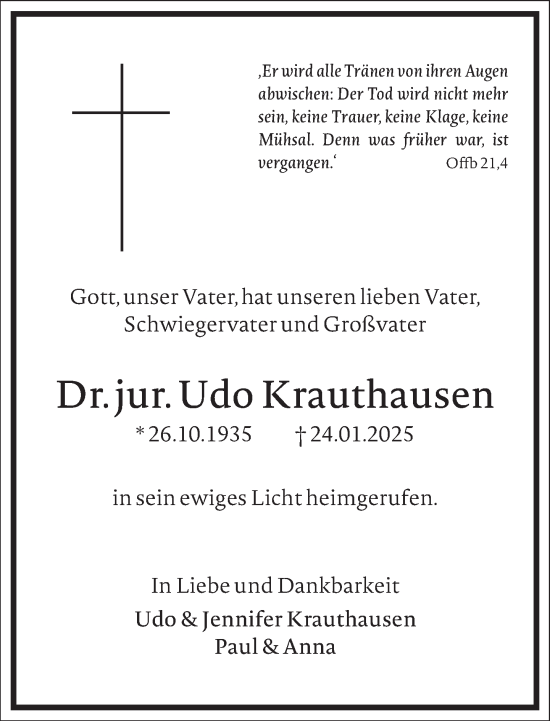 Traueranzeige von Udo Krauthausen von Frankfurter Allgemeine Zeitung