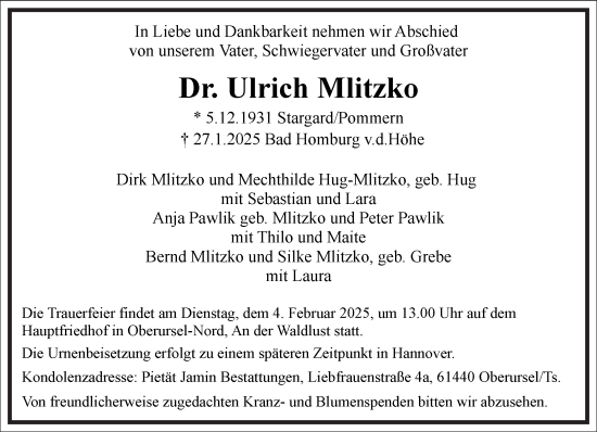 Traueranzeige von Ulrich Mlitzko von Frankfurter Allgemeine Zeitung