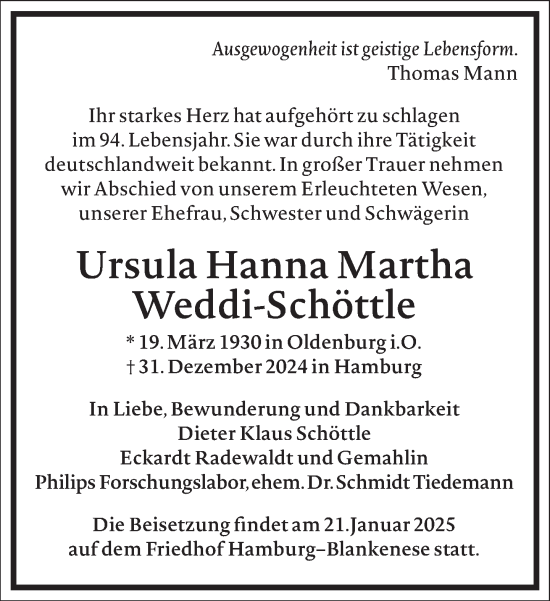 Traueranzeige von Ursula Hanna Martha Weddi-Schöttle von Frankfurter Allgemeine Zeitung