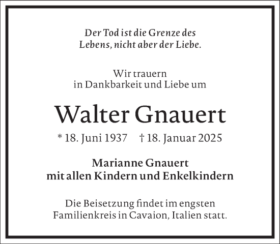 Traueranzeige von Walter Gnauert von Frankfurter Allgemeine Zeitung