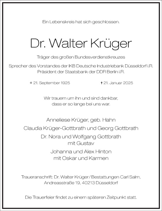 Traueranzeige von Walter Krüger von Frankfurter Allgemeine Zeitung