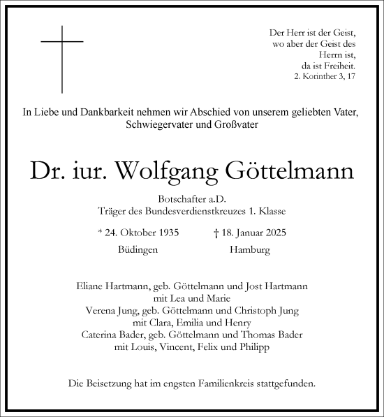 Traueranzeige von Wolfgang Göttelmann von Frankfurter Allgemeine Zeitung