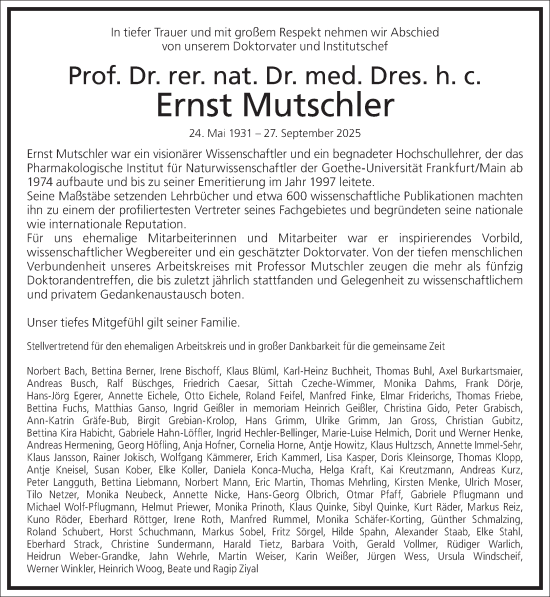 Traueranzeige von Ernst Mutschler von Frankfurter Allgemeine Zeitung