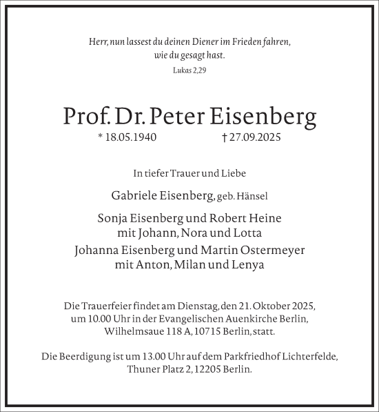 Traueranzeige von Peter Eisenberg von Frankfurter Allgemeine Zeitung