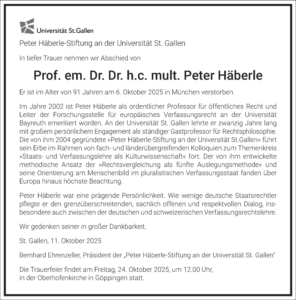  Traueranzeige für Peter Häberle vom 11.10.2025 aus Frankfurter Allgemeine Zeitung