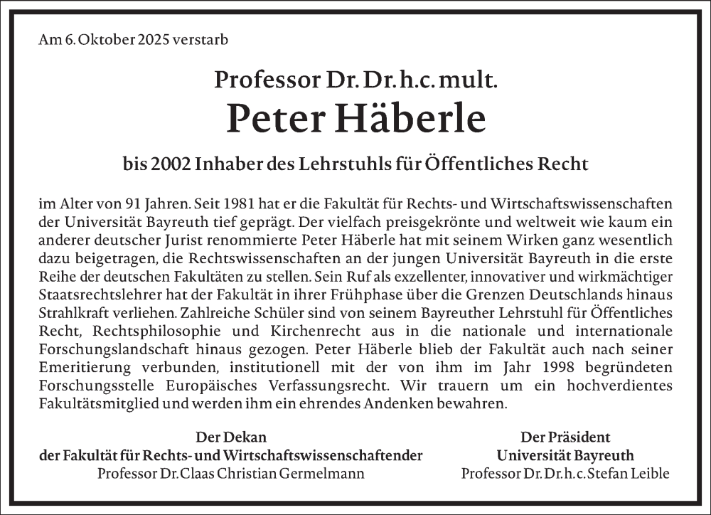  Traueranzeige für Peter Häberle vom 18.10.2025 aus Frankfurter Allgemeine Zeitung