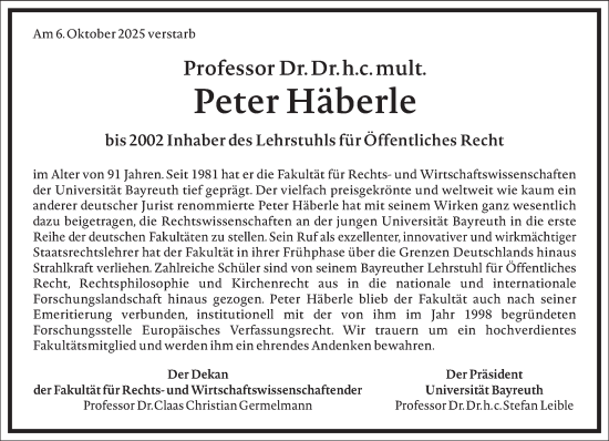 Traueranzeige von Peter Häberle von Frankfurter Allgemeine Zeitung