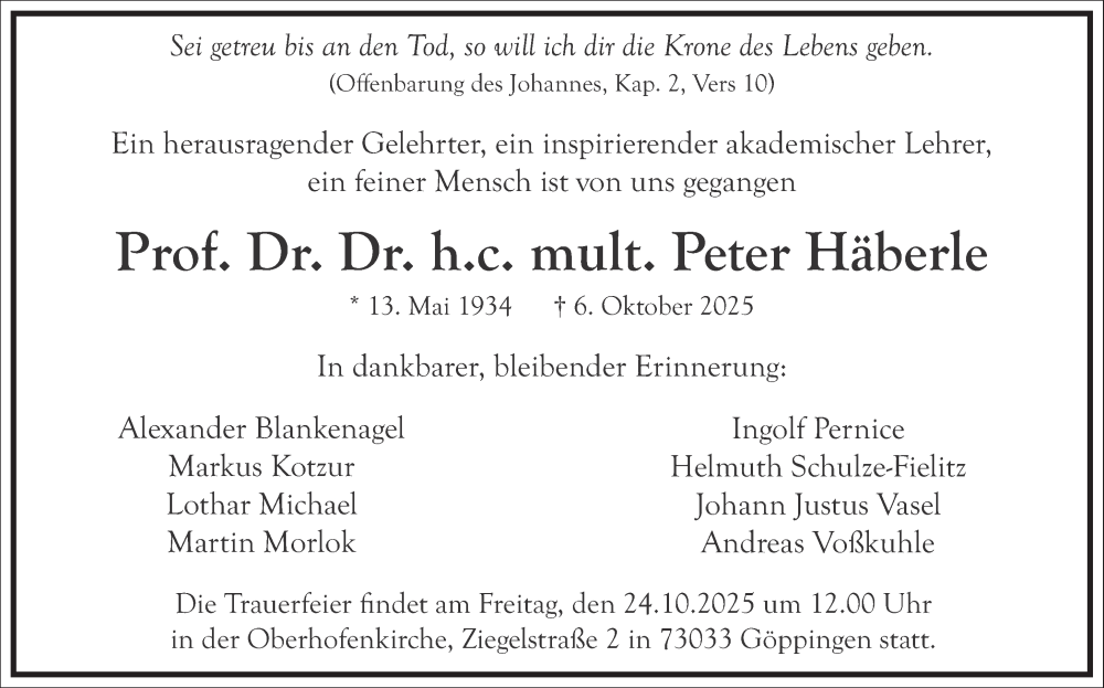  Traueranzeige für Peter Häberle vom 14.10.2025 aus Frankfurter Allgemeine Zeitung