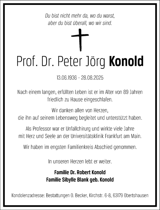 Traueranzeige von Peter Jörg Konold von Frankfurter Allgemeine Zeitung