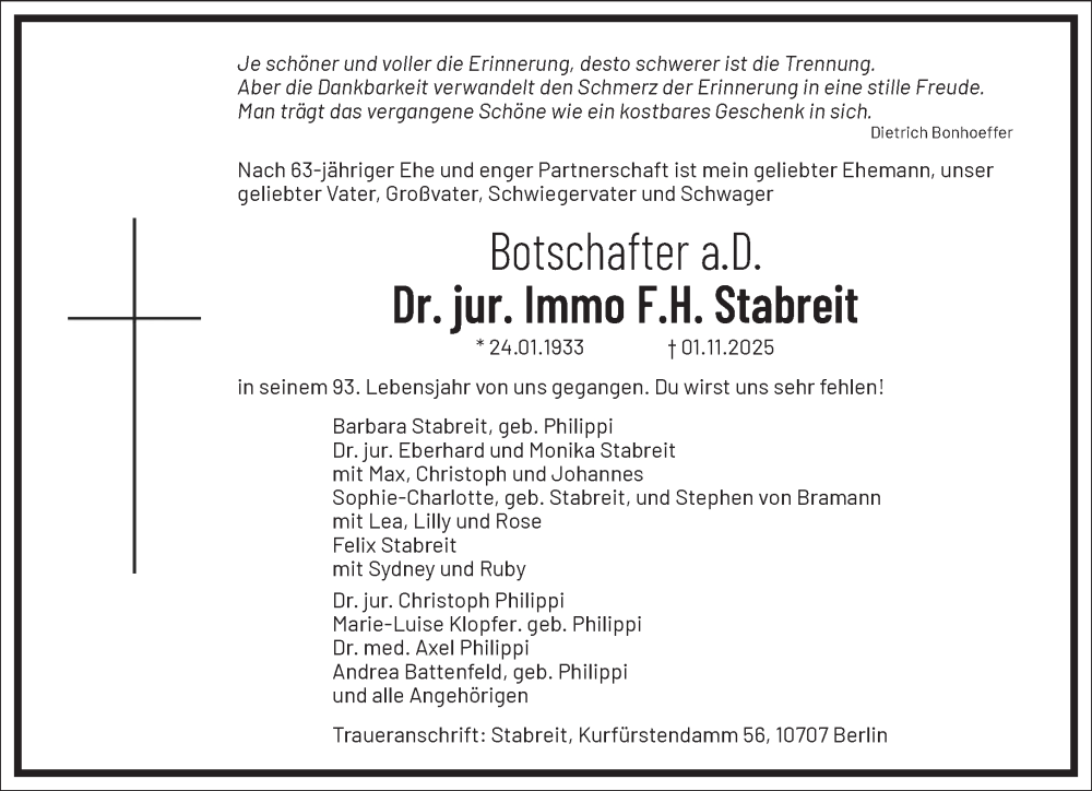  Traueranzeige für Immo F.H. Stabreit vom 08.11.2025 aus Frankfurter Allgemeine Zeitung
