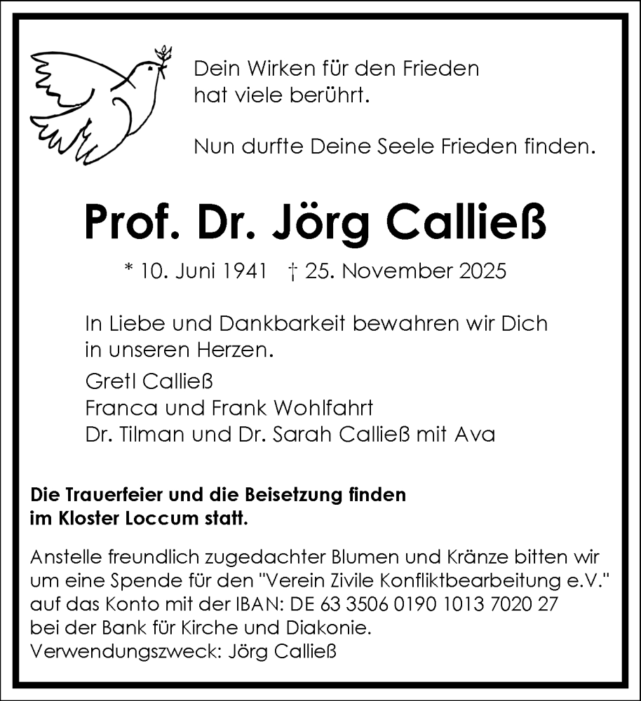  Traueranzeige für Jörg Calließ vom 29.11.2025 aus Frankfurter Allgemeine Zeitung