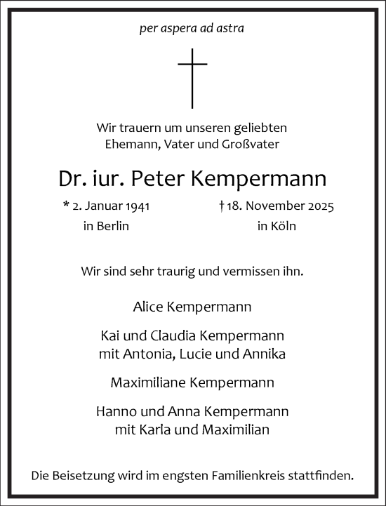 Traueranzeige von Peter Kempermann von Frankfurter Allgemeine Zeitung