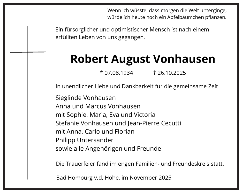  Traueranzeige für Robert August Vonhausen vom 08.11.2025 aus Frankfurter Allgemeine Zeitung