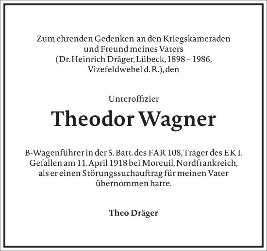 Traueranzeige von Theodor Wagner von Frankfurter Allgemeine Zeitung