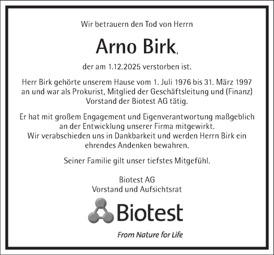 Traueranzeige von Arno Birk von Frankfurter Allgemeine Zeitung