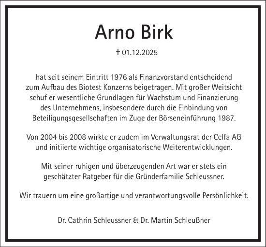 Traueranzeige von Arno Birk von Frankfurter Allgemeine Zeitung
