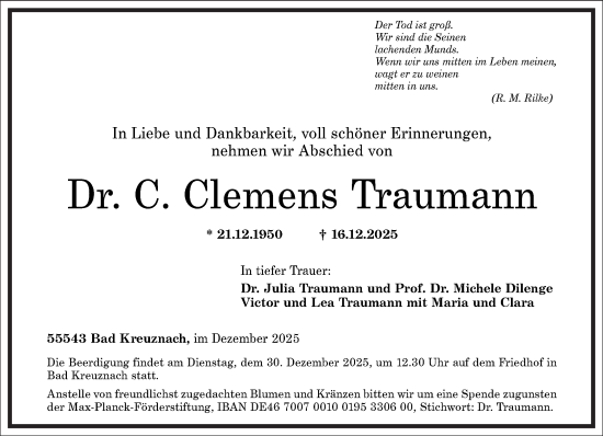 Traueranzeige von Clemens Traumann von Frankfurter Allgemeine Zeitung