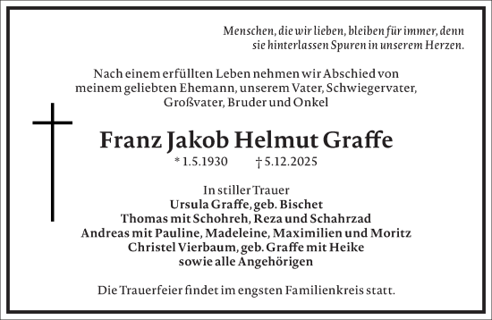 Traueranzeige von Franz Jakob Helmut Graffe von Frankfurter Allgemeine Zeitung