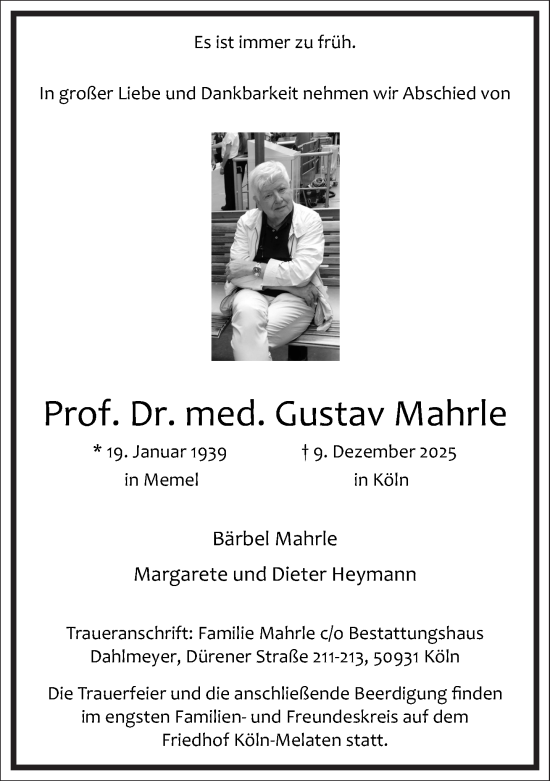 Traueranzeige von Gustav Mahrle von Frankfurter Allgemeine Zeitung