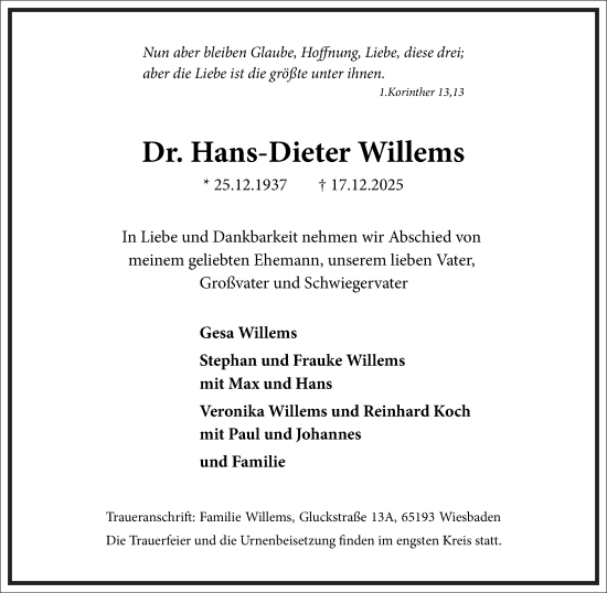 Traueranzeige von Hans-Dieter Willems von Frankfurter Allgemeine Zeitung
