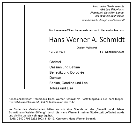 Traueranzeige von Hans Werner A. Schmidt von Frankfurter Allgemeine Zeitung