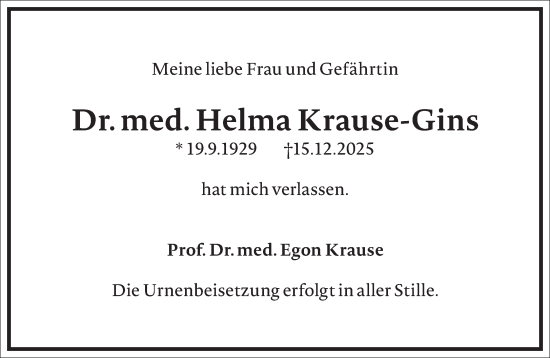 Traueranzeige von Helma Krause-Gins von Frankfurter Allgemeine Zeitung