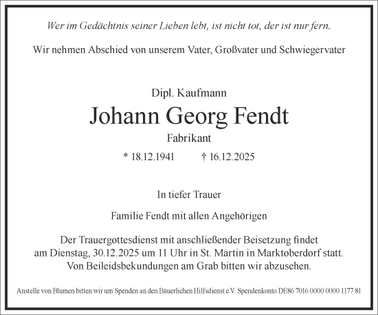Traueranzeige von Johann Georg Fendt von Frankfurter Allgemeine Zeitung