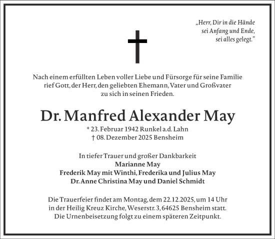 Traueranzeige von Manfred Alexander May von Frankfurter Allgemeine Zeitung
