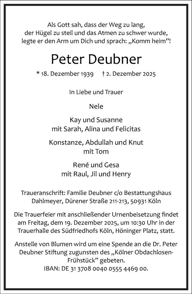  Traueranzeige für Peter Deubner vom 13.12.2025 aus Frankfurter Allgemeine Zeitung