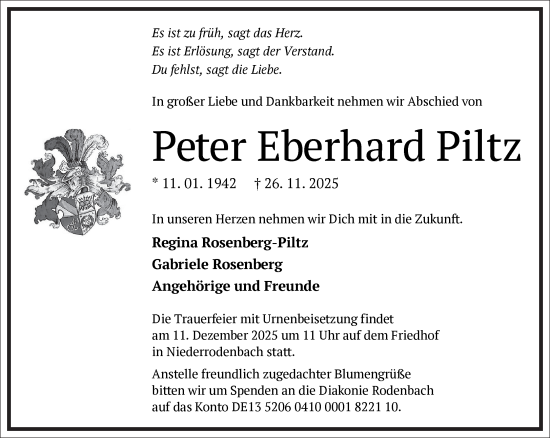 Traueranzeige von Peter Eberhard Piltz von Frankfurter Allgemeine Zeitung