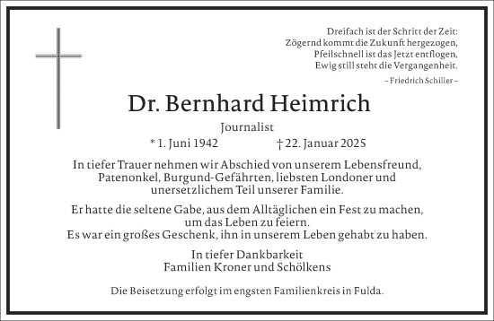 Traueranzeige von Bernhard Heimrich von Frankfurter Allgemeine Zeitung