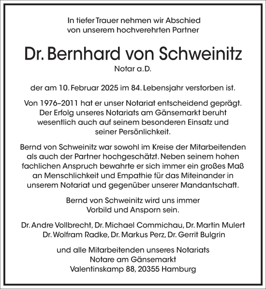 Traueranzeige von Bernhard von Schweinitz von Frankfurter Allgemeine Zeitung