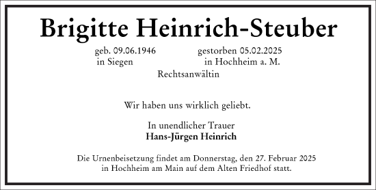 Traueranzeige von Brigitte Heinrich-Steuber von Frankfurter Allgemeine Zeitung