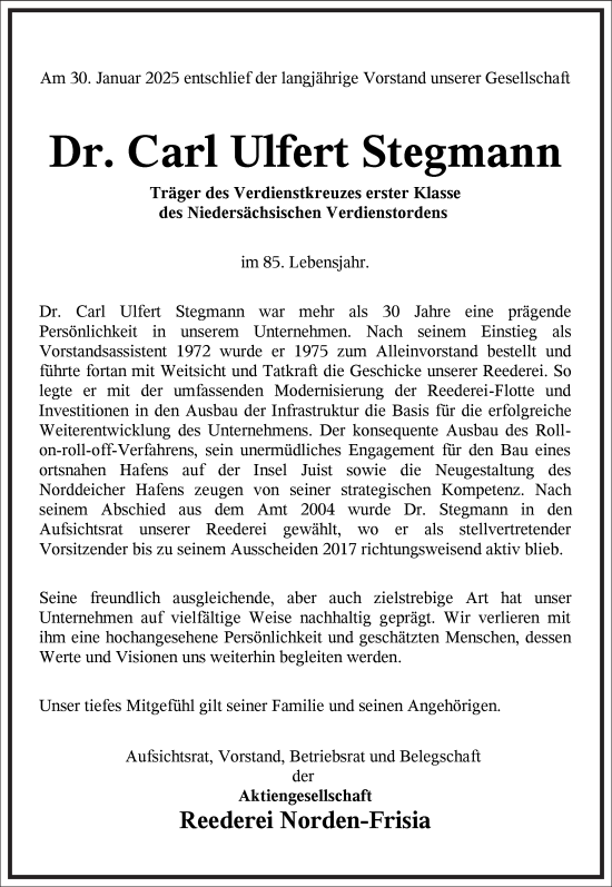 Traueranzeige von Carl  Stegmann von Frankfurter Allgemeine Zeitung