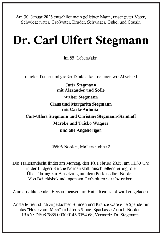 Traueranzeige von Carl  Stegmann von Frankfurter Allgemeine Zeitung