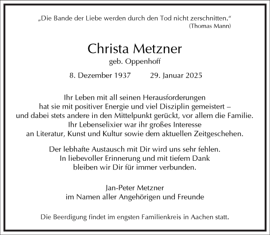 Traueranzeige von Christa Metzner von Frankfurter Allgemeine Zeitung