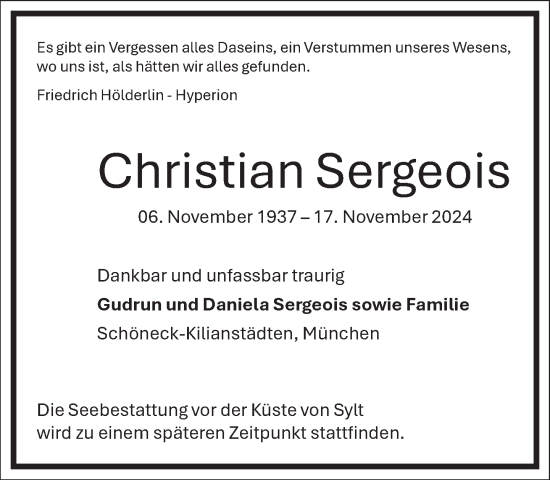 Traueranzeige von Christian Sergeois von Frankfurter Allgemeine Zeitung