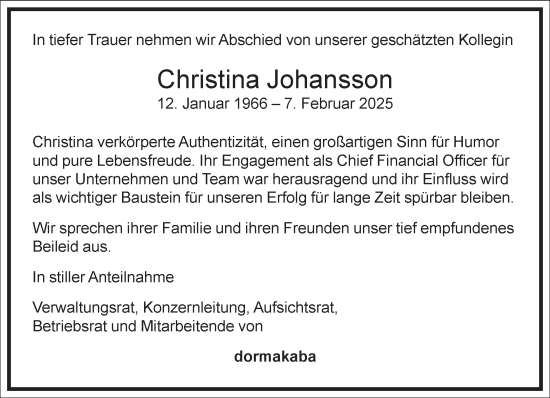 Traueranzeige von Christina Johansson von Frankfurter Allgemeine Zeitung