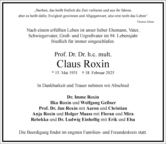 Traueranzeige von Claus Roxin von Frankfurter Allgemeine Zeitung