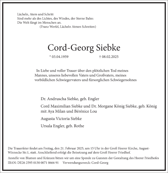 Traueranzeige von Cord-Georg Siebke von Frankfurter Allgemeine Zeitung