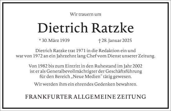 Traueranzeige von Dietrich Ratzke von Frankfurter Allgemeine Zeitung