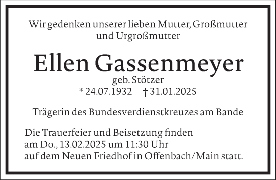 Traueranzeige von Ellen Gassenmeyer von Frankfurter Allgemeine Zeitung