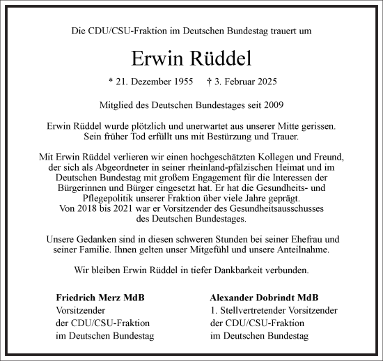 Traueranzeige von Erwin Rüddel von Frankfurter Allgemeine Zeitung