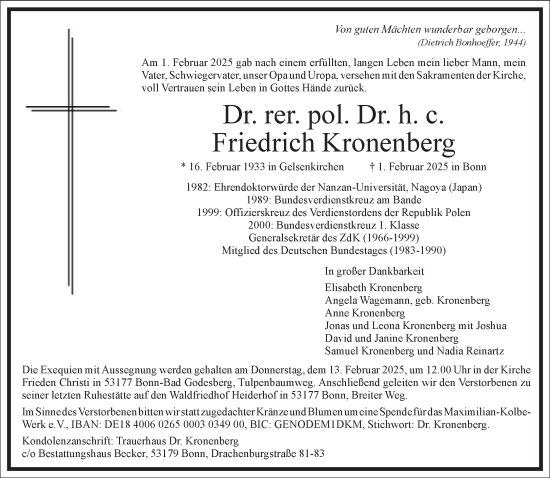 Traueranzeige von Friedrich Kronenberg von Frankfurter Allgemeine Zeitung