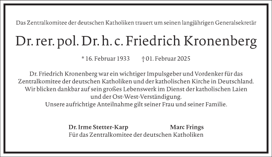 Traueranzeige von Friedrich Kronenberg von Frankfurter Allgemeine Zeitung